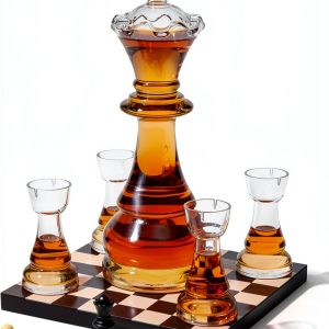 Chess Gift Decanter Set by The Wine Savant - Queen Chess Decanter 750ml 12" H With 4 Rook Shot Glasses 4oz - Queen's Gambit, Chess Player Gifts, Whiskey, Wine Lovers Gifts for Dad, Him, Her, Men-0