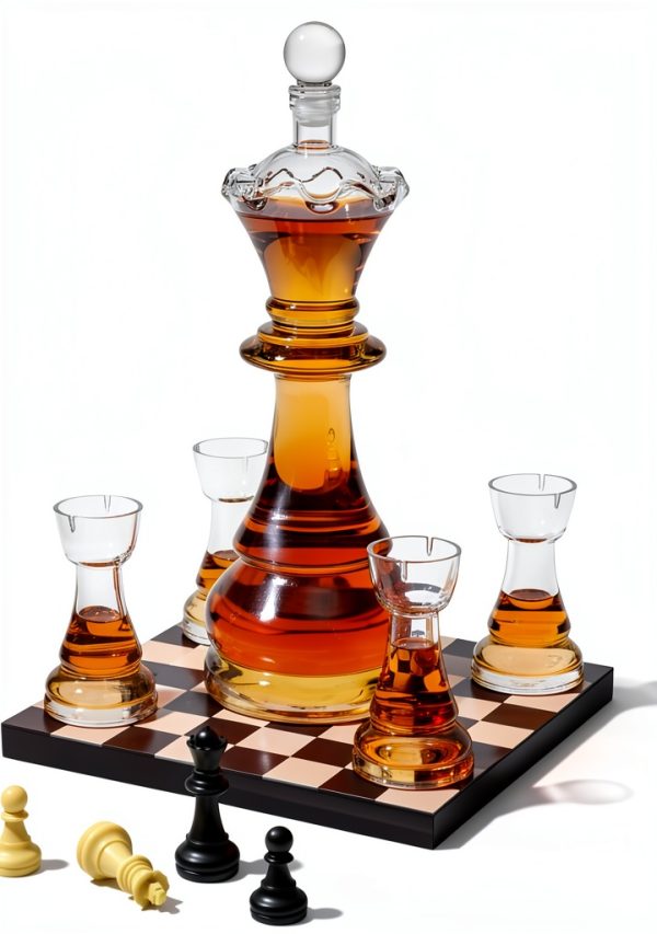 Chess Gift Decanter Set by The Wine Savant - Queen Chess Decanter 750ml 12" H With 4 Rook Shot Glasses 4oz - Queen's Gambit, Chess Player Gifts, Whiskey, Wine Lovers Gifts for Dad, Him, Her, Men-0