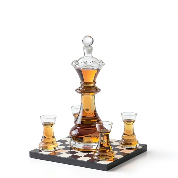 Chess Gift Decanter Set by The Wine Savant - Queen Chess Decanter 750ml 12" H With 4 Rook Shot Glasses 4oz - Queen's Gambit, Chess Player Gifts, Whiskey, Wine Lovers Gifts for Dad, Him, Her, Men-1
