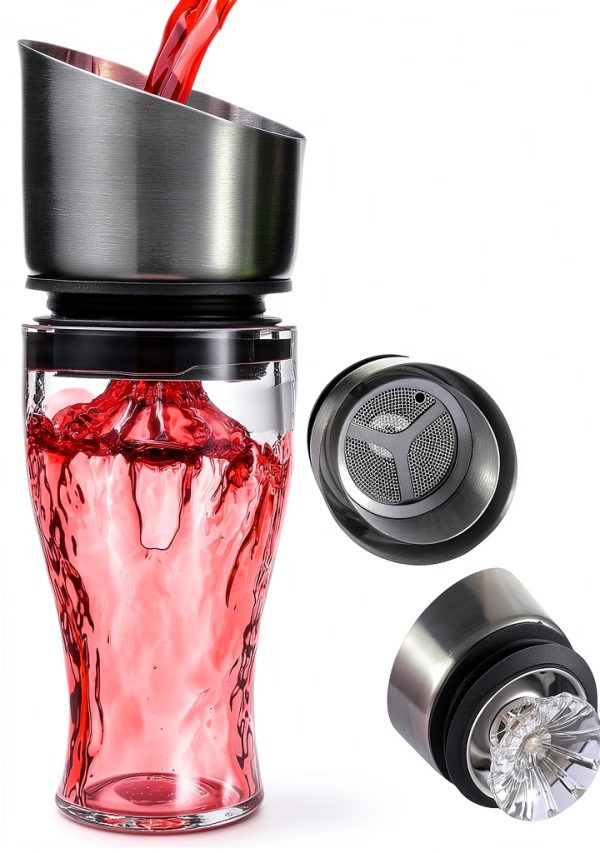 Hand Blown Wine Decanter with Aerator, 1300ml/44oz Red Wine Decanter, Crystal Wine Carafe with Stainless Steel Pour Lid and Filter, Elegant Design Easy Pour, Wine Aerator Wine Gifts-3