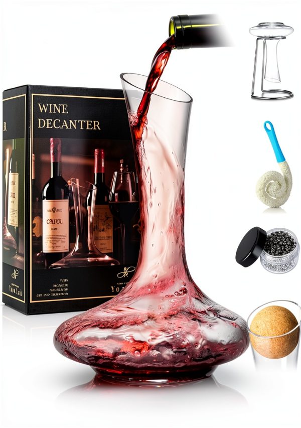 YouYah Wine Decanter Set with Stand, Stopper & Brush – 1200ml Crystal-0